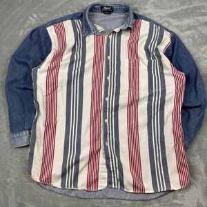 Vintage 90s Impact Denim Panel Striped Button Up Shirt XL
